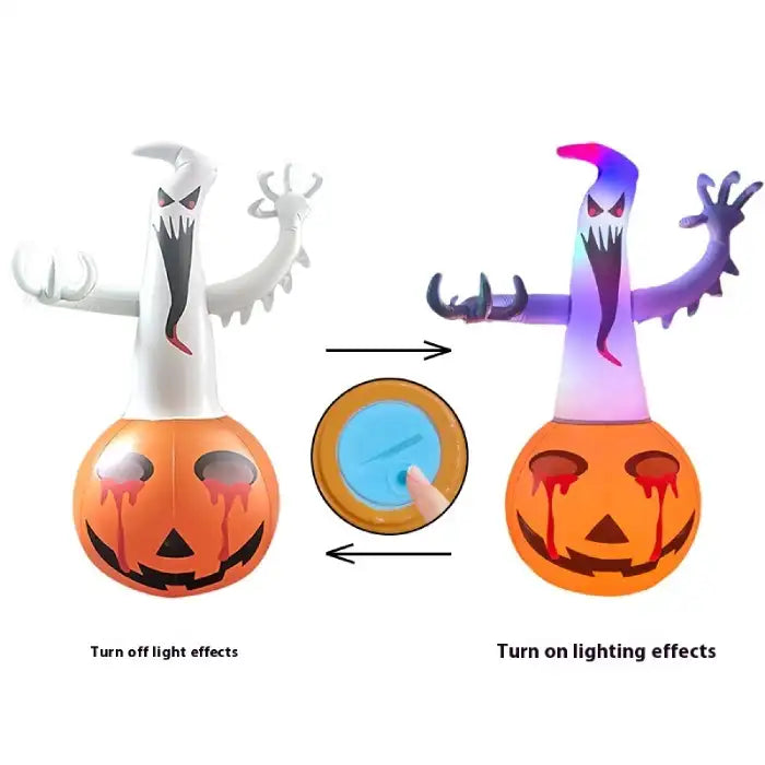 Halloween yard inflatables ghost with switch to toggle lighting effects between off and glowing modes.