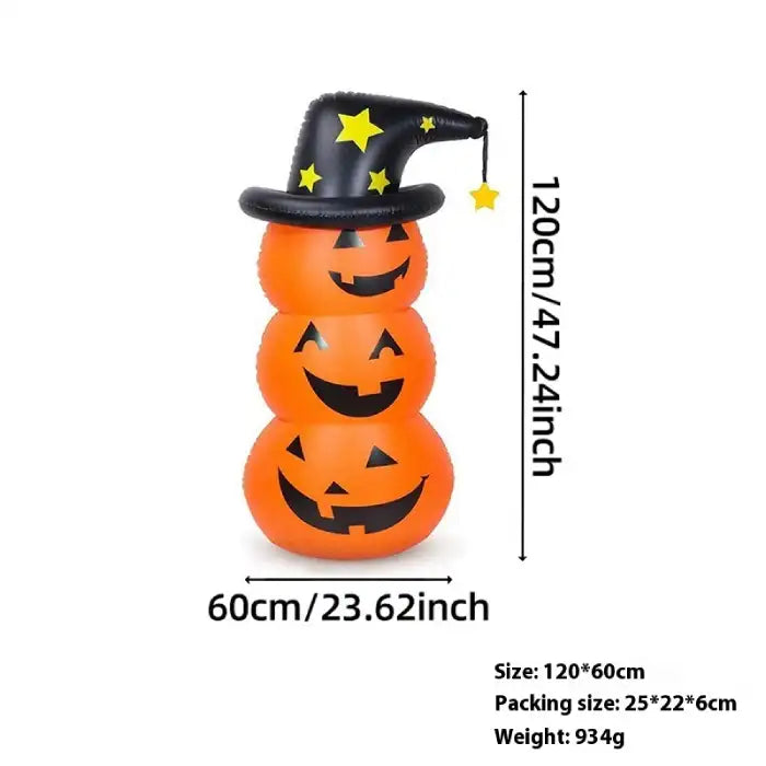 Halloween yard inflatables three stacked pumpkins wearing a witch hat, perfect for front porch decor.