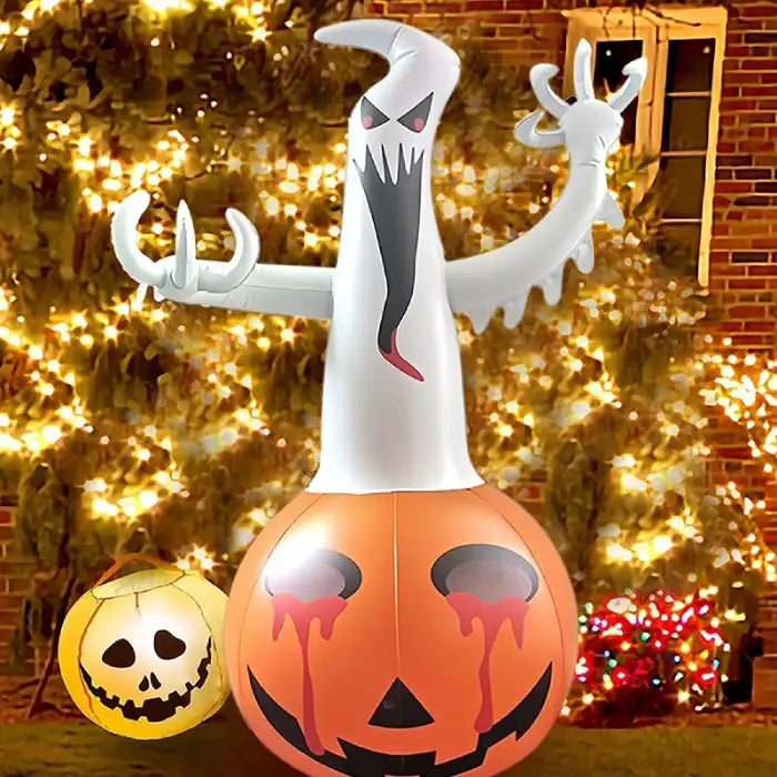 Halloween yard inflatables scary ghost with pumpkin base and eerie glowing lights for outdoor decoration.