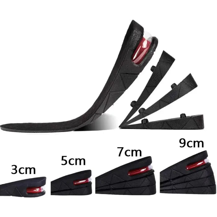 Adjustable height increasing insoles with removable heel layers ranging from 3cm to 9cm.