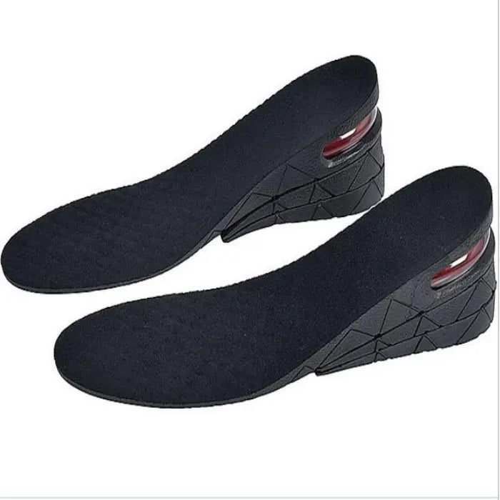 Black height increasing insoles with built-in air cushion heel and ergonomic design for comfort.