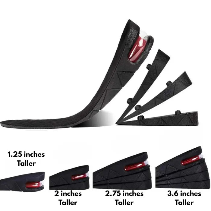 Height increasing insoles with 4 lift options shown in inches from 1.25 to 3.6 for customizable height.