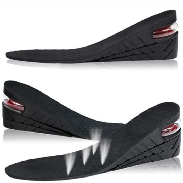 Height increasing insoles with air-cushioned heel and soft step lift for added comfort and elevation.