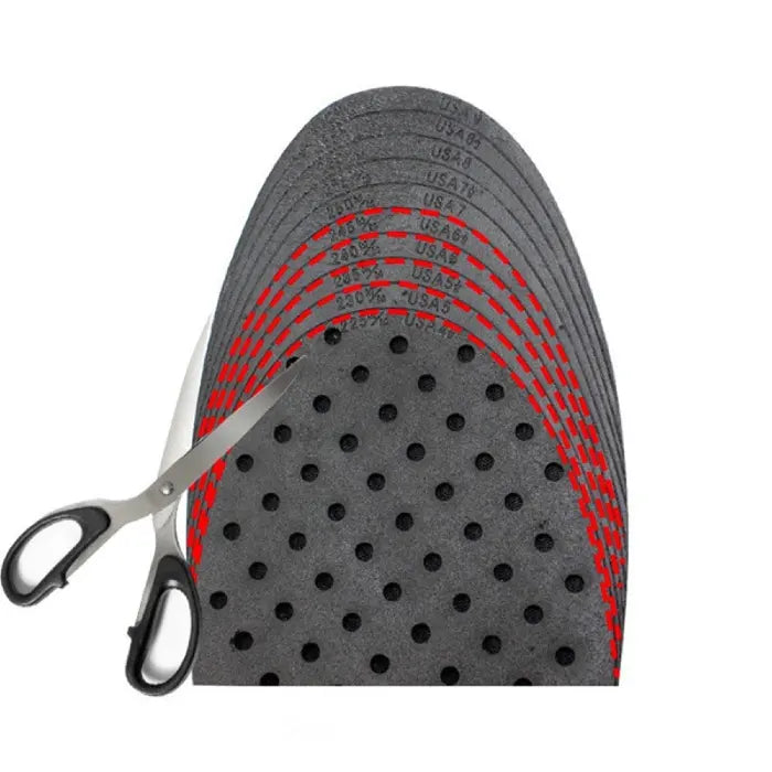 Height increasing insoles with perforated design and trim-to-fit guide for adjustable shoe sizes.