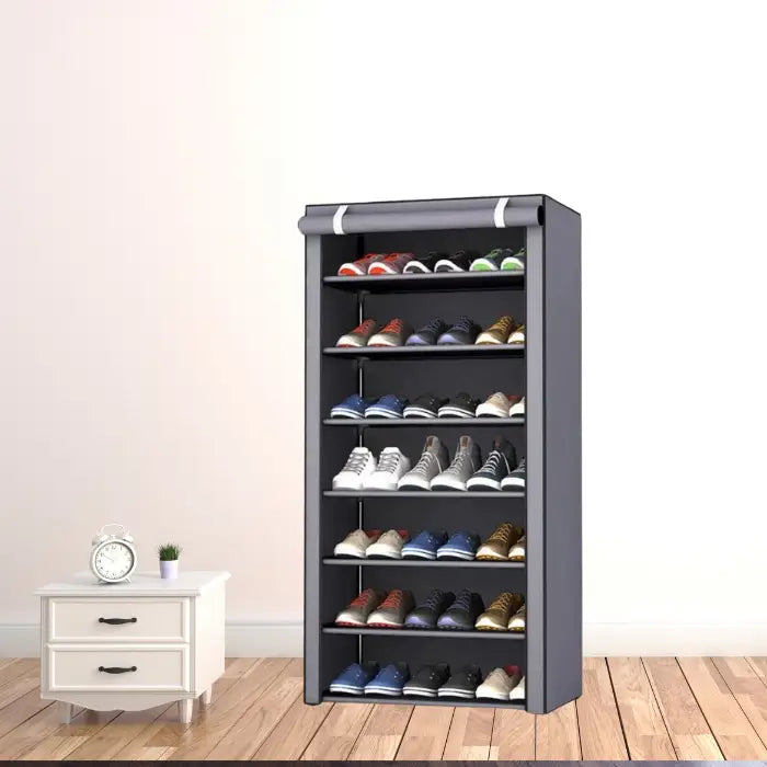 Contemporary gray shoe storage furniture featuring 7 shelves and roll-up cover, ideal for home organization