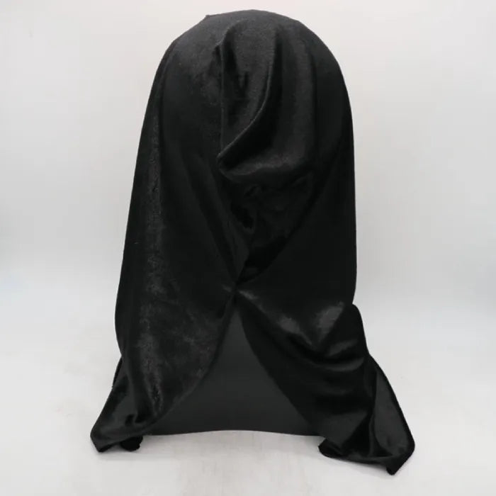 Hooded witch mask back view highlights flowing black hood fabric detail for spooky costume appeal.