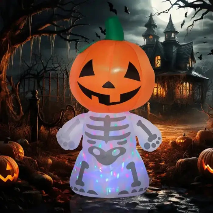 Inflatable Halloween decoration with glowing lights, pumpkin head, and skeleton body in spooky outdoor setting