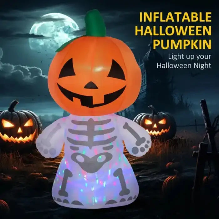 Light-up inflatable Halloween yard decoration with pumpkin head and skeleton body at night