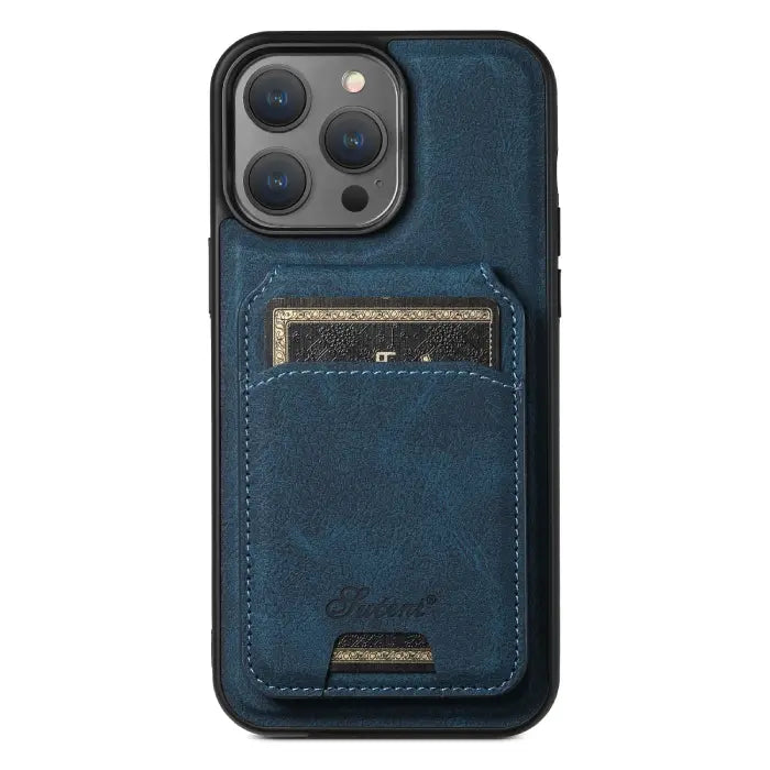 iPhone case with card holder in blue leather featuring rear pocket for cards and stitched detailing.