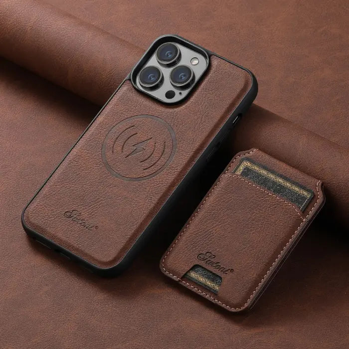 Detachable brown iPhone case with card holder shown with wallet piece and wireless charge symbol.