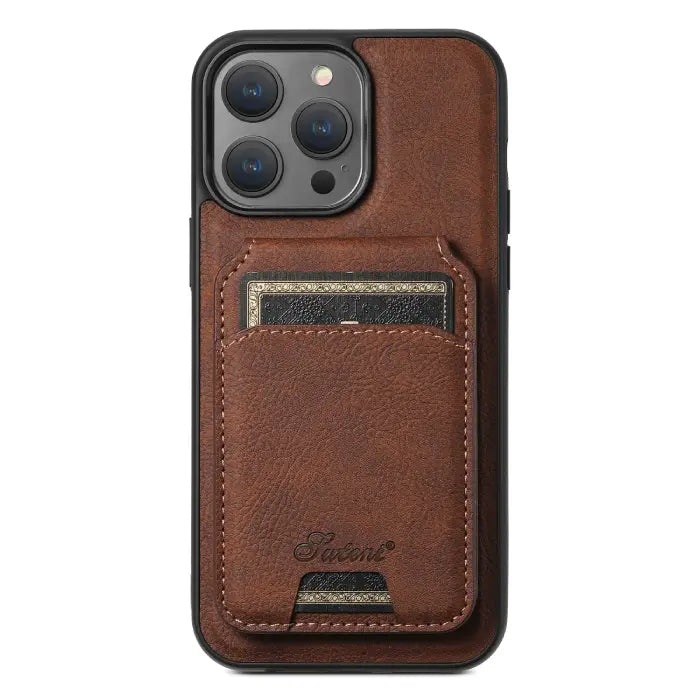 Brown leather iPhone case with back card pocket and fine stitching for a classic wallet look.