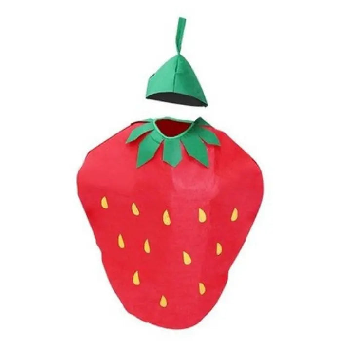 Kids costume shaped like a strawberry with matching green cap shown in full front view.