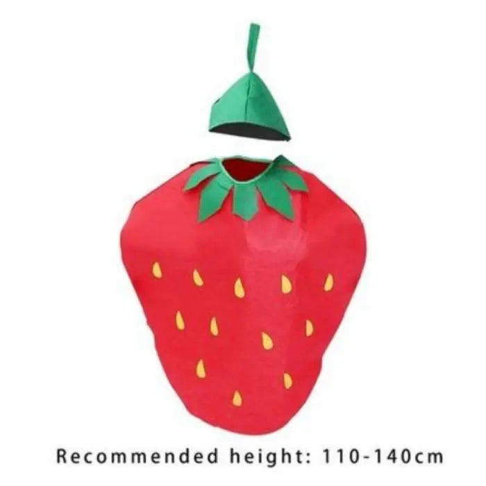 Full strawberry kids costume with cap and recommended height range of 110–140 cm.