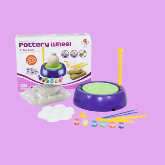 Complete Kids Pottery Wheel Kit set with box, clay, tools, and colorful paint