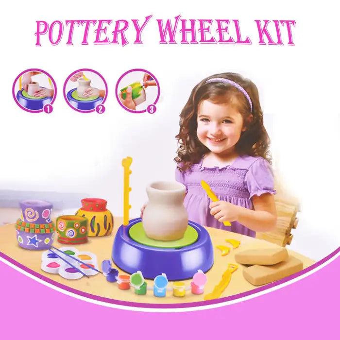 Kids Pottery Wheel Kit with smiling girl using sculpting tool to shape clay on spinning wheel