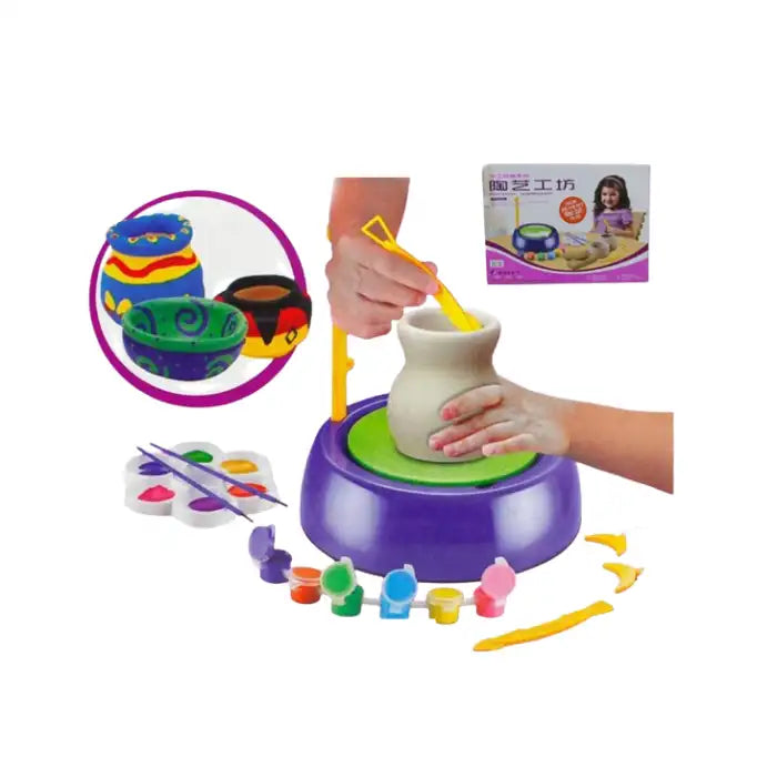 Kids Pottery Wheel Kit being used to shape and paint clay with included accessories