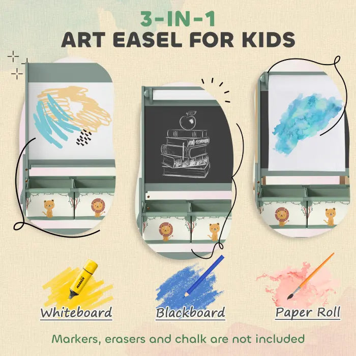 3-in-1 kids whiteboard learning organizer with blackboard, paper roll, and storage bins.