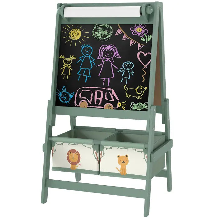 Blackboard side of kids whiteboard learning organizer with colorful chalk drawings.