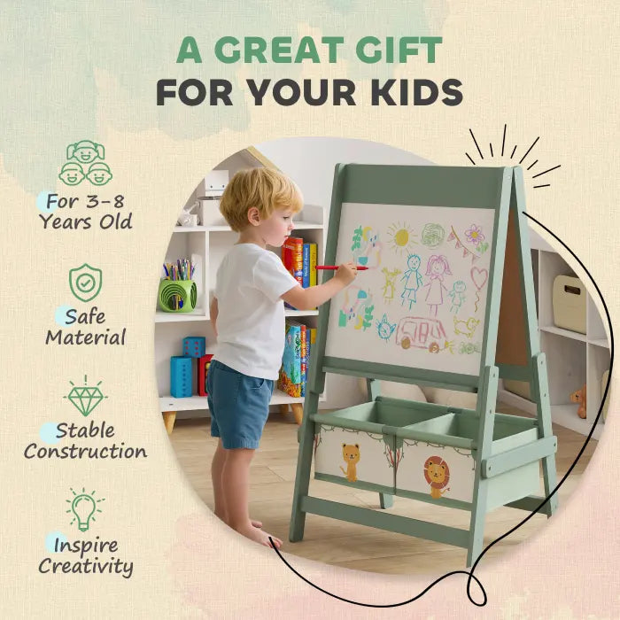 Child using kids whiteboard learning organizer with whiteboard in a playroom setting.