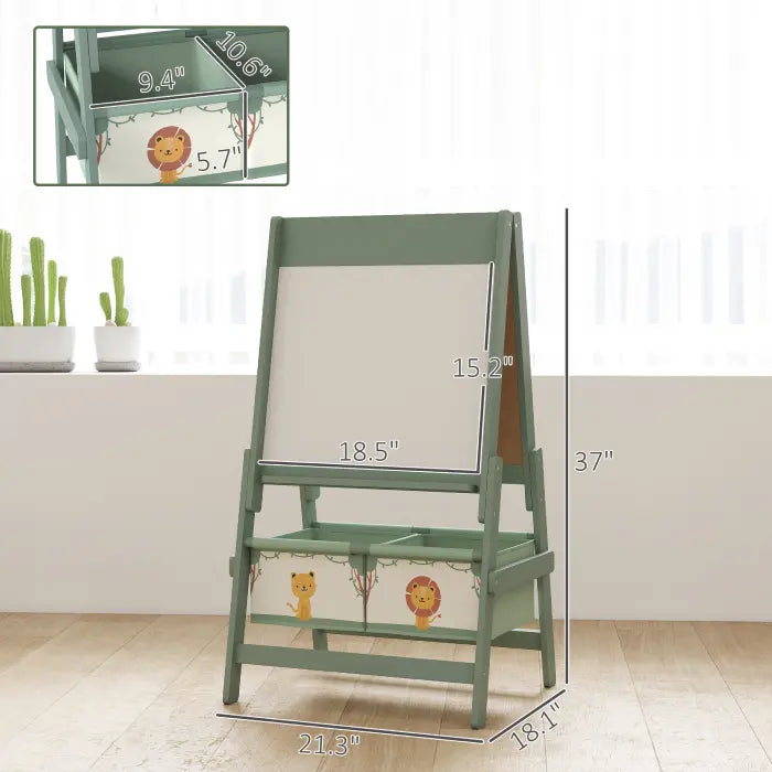 Kids whiteboard learning organizer with full product dimensions and lion print storage bins.