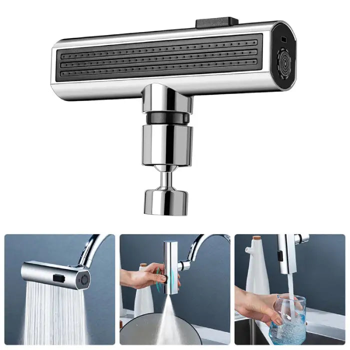 Chrome kitchen faucet nozzle with 3 spray modes and rotatable joint for flexible sink use.