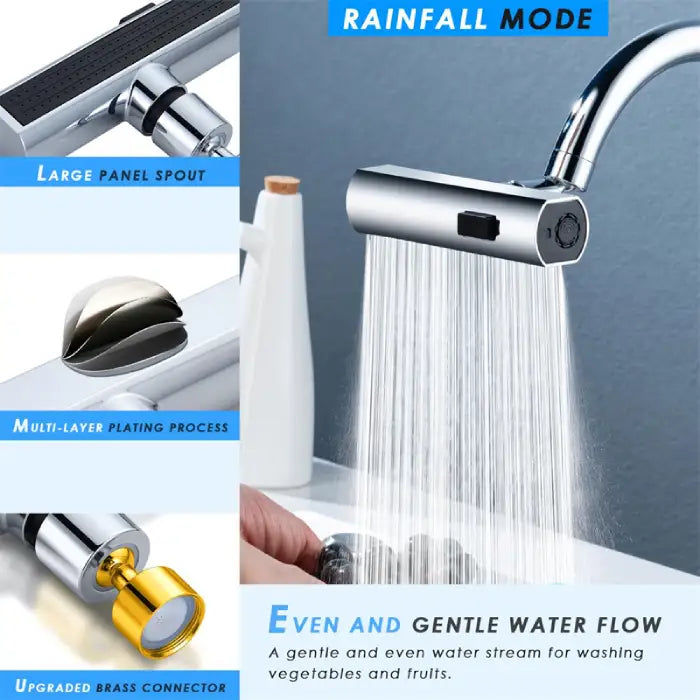 Kitchen faucet showing rainfall mode with large spout and upgraded brass connector for gentle water flow.