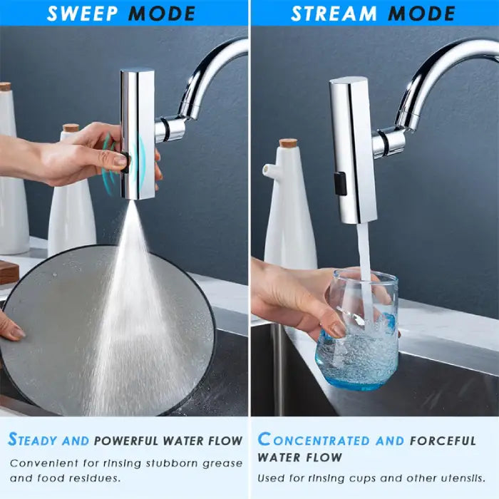Kitchen faucet in sweep mode for dishes and stream mode for rinsing glasses at the sink.