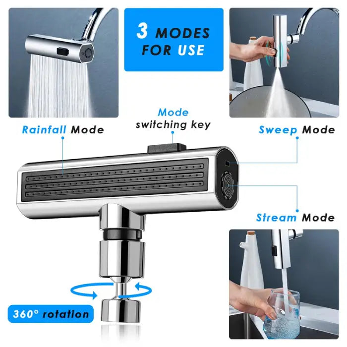 Kitchen faucet with 3 spray modes: rainfall, sweep, and stream, plus 360° rotation and mode switch key.