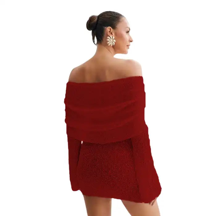 Knitted red dress shown from the back with off-shoulder design and textured fabric.