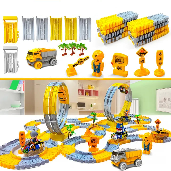 321-piece engineering track set with large loops, flexible tracks, and multiple cars for creative play.