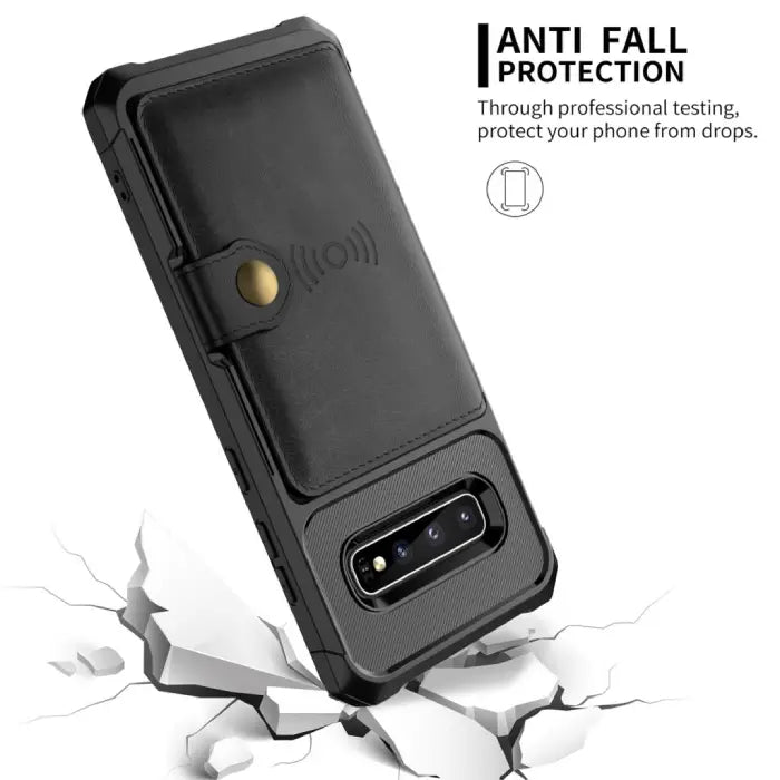 Leather wallet case with anti-fall protection feature, built to guard phones against drops and impact.