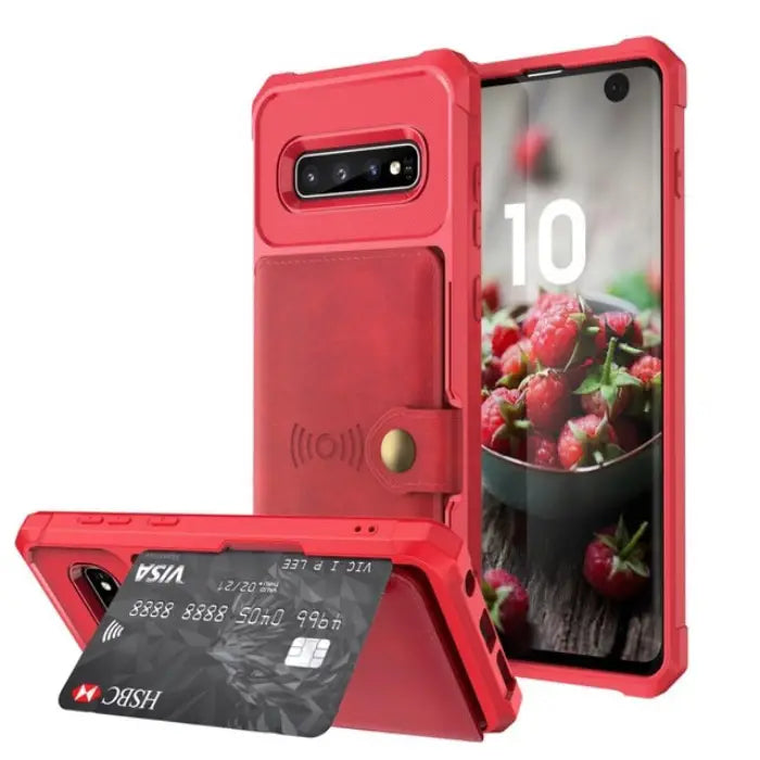 Red leather wallet case with slim profile, card slot, and integrated stand for Galaxy smartphones.
