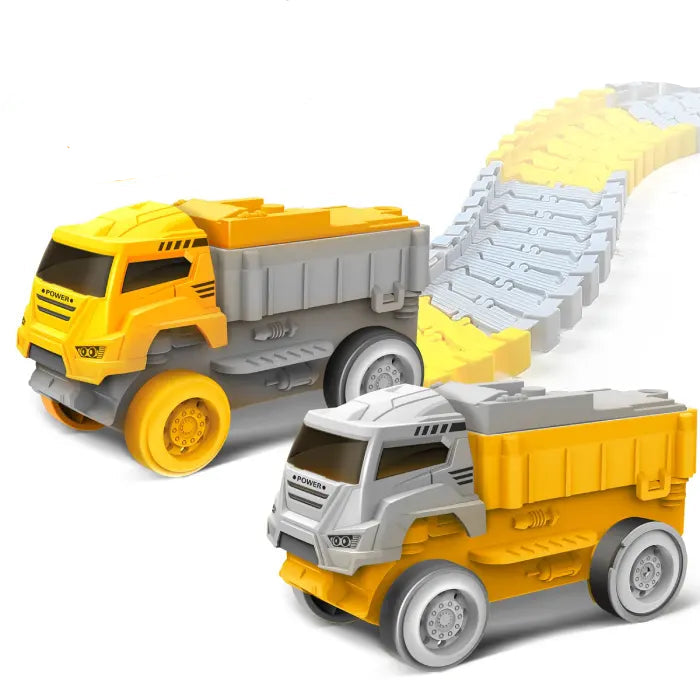 Two LED dump trucks in yellow and gray, designed for use with a race track set.