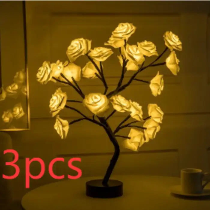 LED tree lamp 3pcs set with yellow glowing rose flowers, perfect for decorative lighting arrangements.