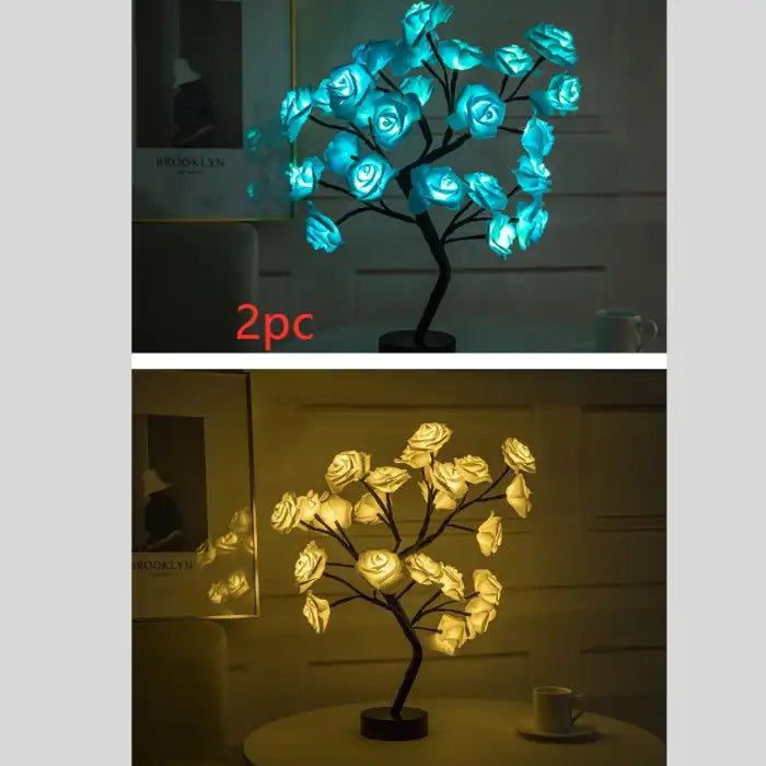 LED tree lamp 2pc combo showing glowing blue and yellow rose lights for romantic and mood lighting.