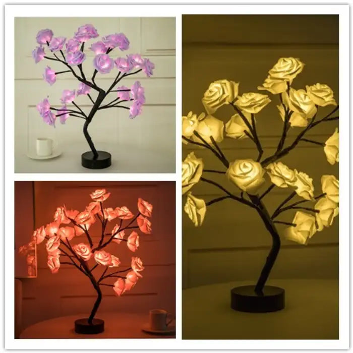LED tree lamp collage showing purple, red, and yellow warm flower lights on black stems for room decor.