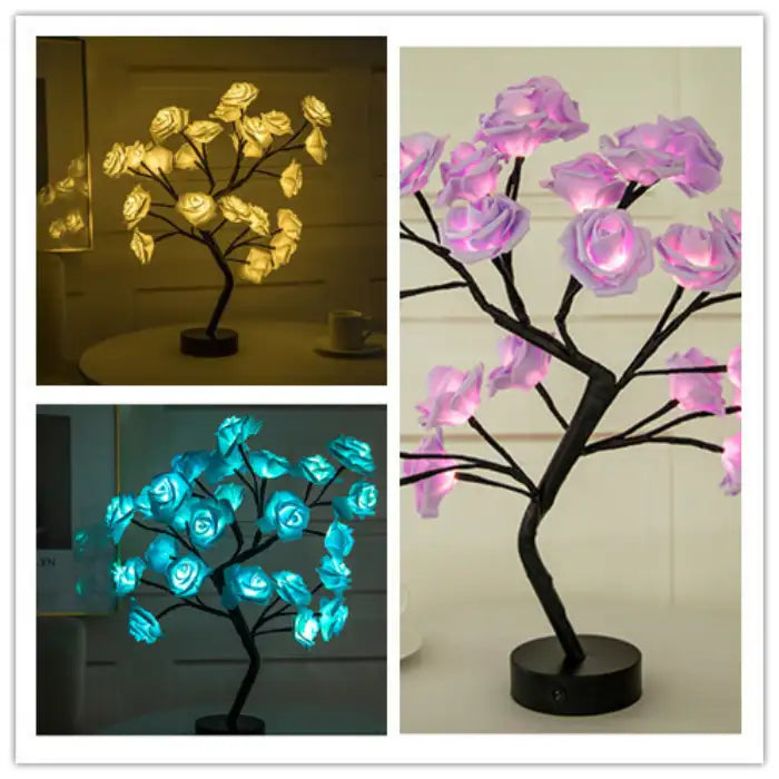 LED tree lamp collage featuring yellow, blue, and purple glowing roses on black trunks for decoration.