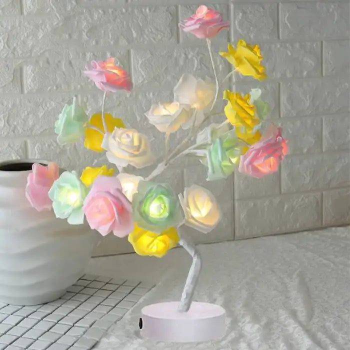 LED tree lamp with pastel multicolor rose flowers, ideal for whimsical and colorful home accents.