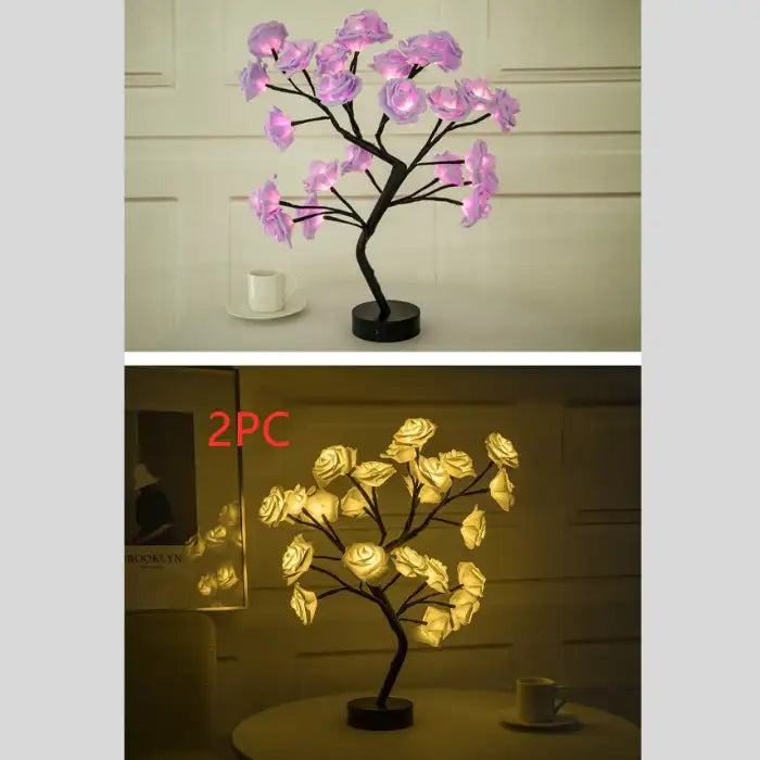 LED tree lamp with soft purple rose lights and a warm yellow variation for aesthetic room lighting.