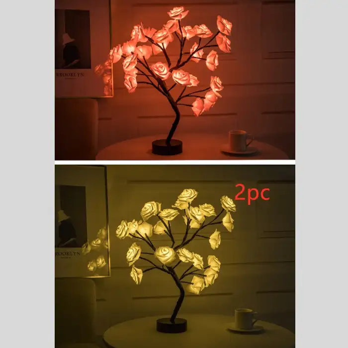 LED tree lamp showing glowing red and warm yellow rose lights for romantic and cozy home decor.
