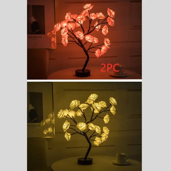 LED tree lamp with red rose glow and yellow flower light, ideal for romantic and cozy home accents.