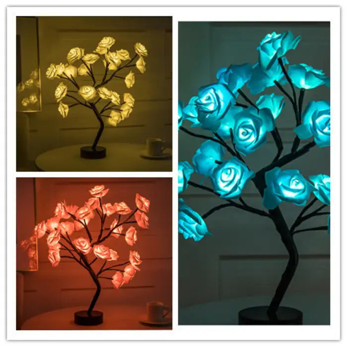 LED tree lamp showing yellow, red, and blue flower lights in a collage for color variety display.
