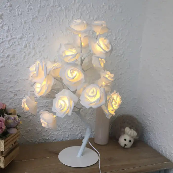 LED tree lamp featuring bright white rose lights on a table, perfect for bedroom or living room decor