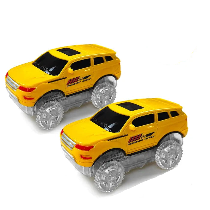 Two yellow LED jeep track cars with dimensions, compatible with engineering track sets.