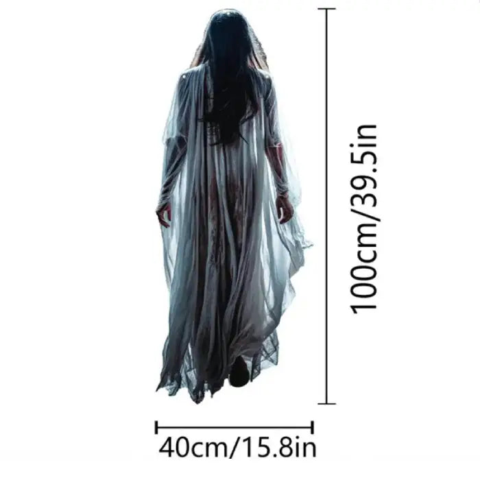 Rear view of life size ghost Halloween prop in flowing dress, shown with height and width dimensions.
