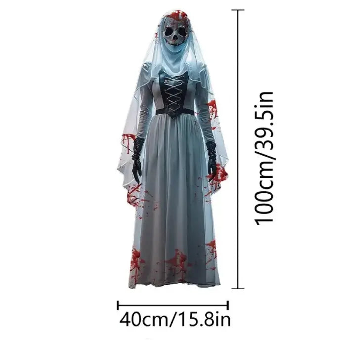 Bloody ghost bride Halloween prop with skull mask, size shown as 100cm height and 40cm width.