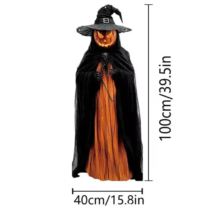 Pumpkin-headed witch Halloween prop shown with height and width dimensions, ideal for indoor decor.