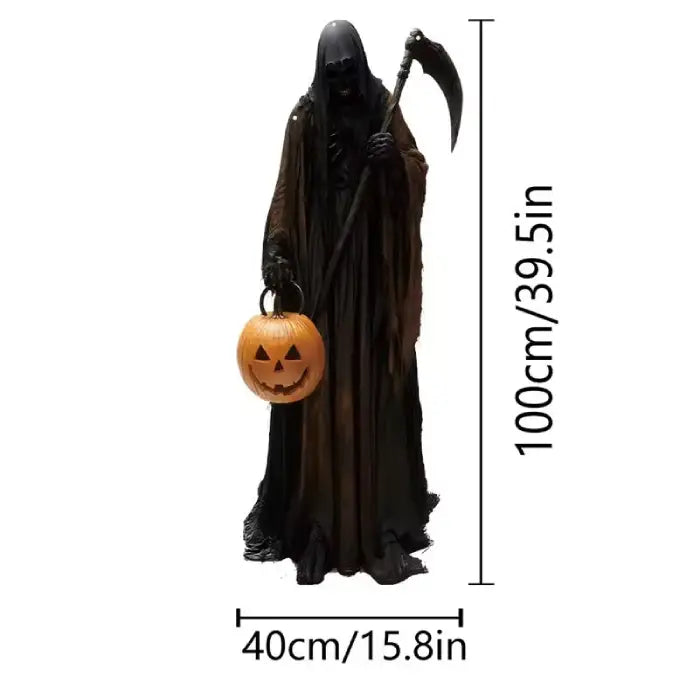Grim reaper Halloween prop holding scythe and pumpkin, life size with 100cm by 40cm measurements.