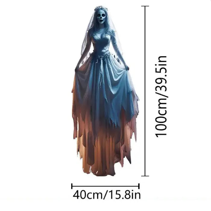 Skeleton bride life size Halloween prop with detailed dress, measuring 100cm tall by 40cm wide.