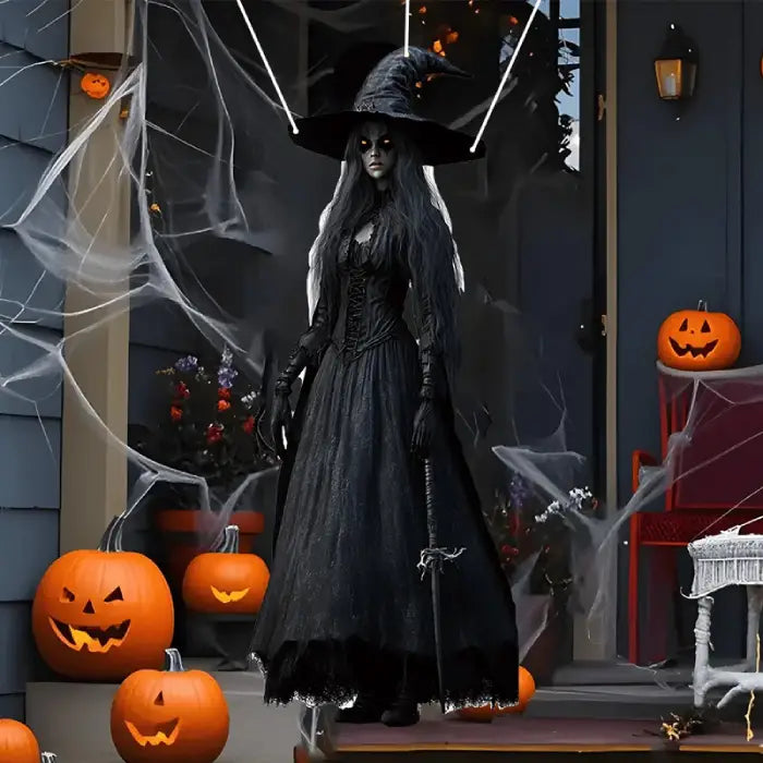 Life size Halloween prop of witch in black dress with sword and cobwebs surrounded by pumpkins.